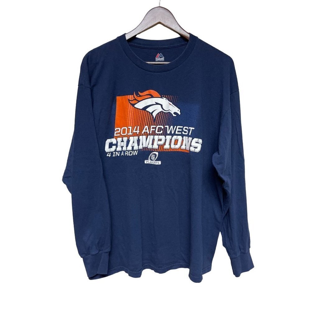 Majestic NFL Denver Broncos 2014 AFC Champion Long Sleeve Blue T-Shirt Men's XL